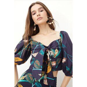 Andres Otalora  Falabella Puff Sleeve Tie Front Cropped Blouse Navy Tropical XS
